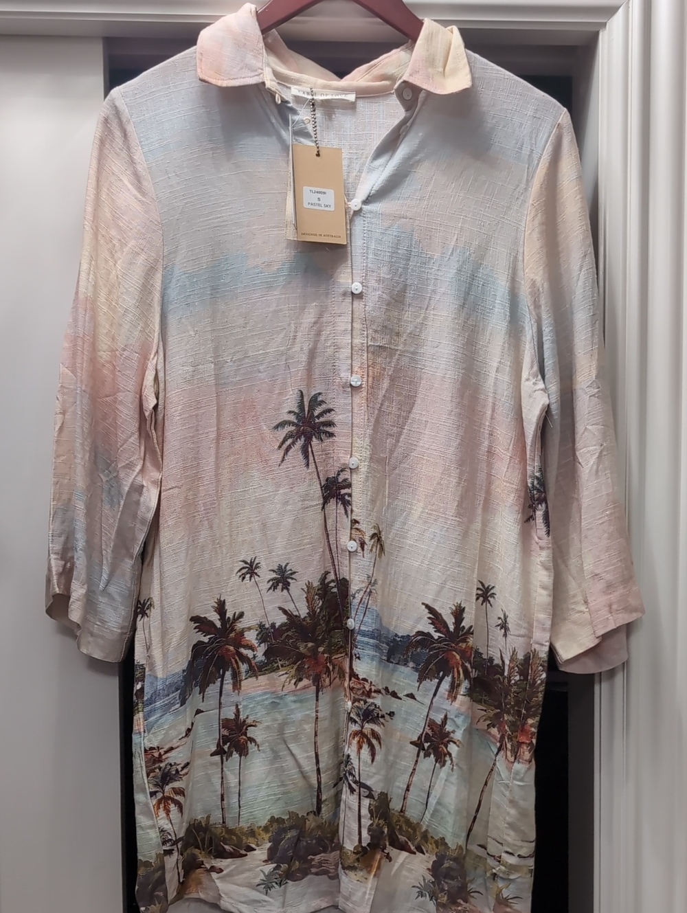 Tropical Palm Print Button-Up Shirt Dress in Pastel Sunset